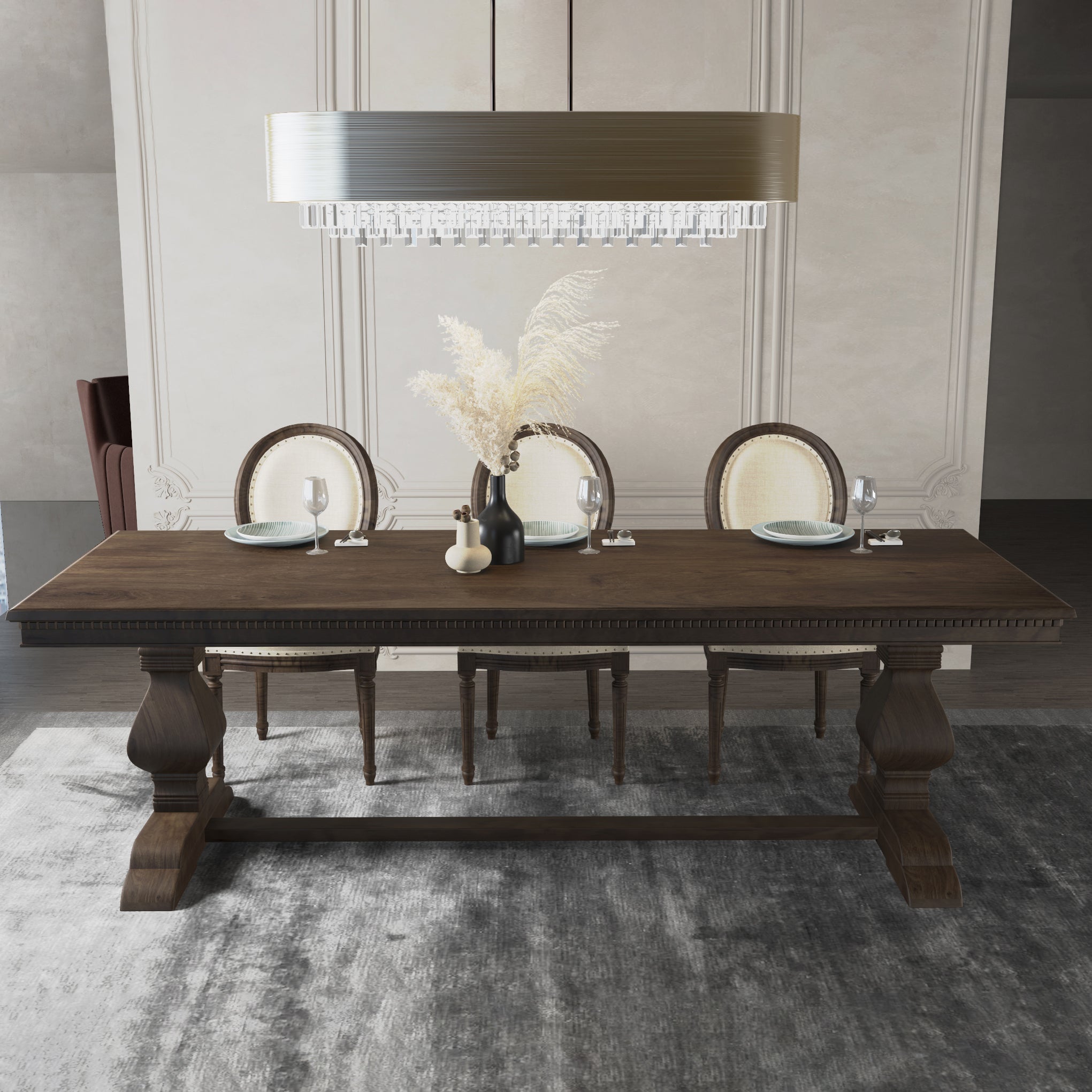 Mid-Century Modern Rectangle Table Solid Wood Dining Table with Trestle Base