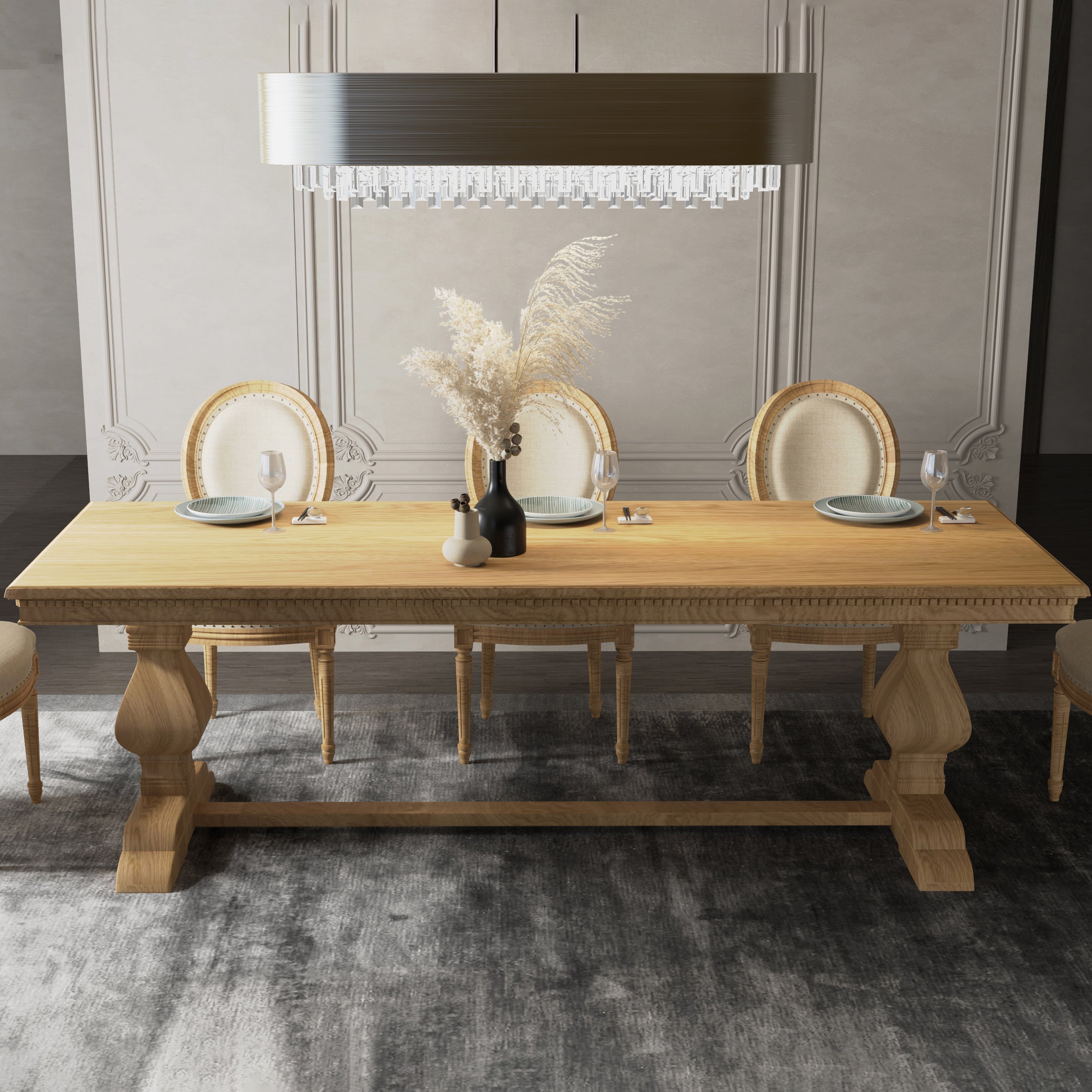 Mid-Century Modern Rectangle Table Solid Wood Dining Table with Trestle Base