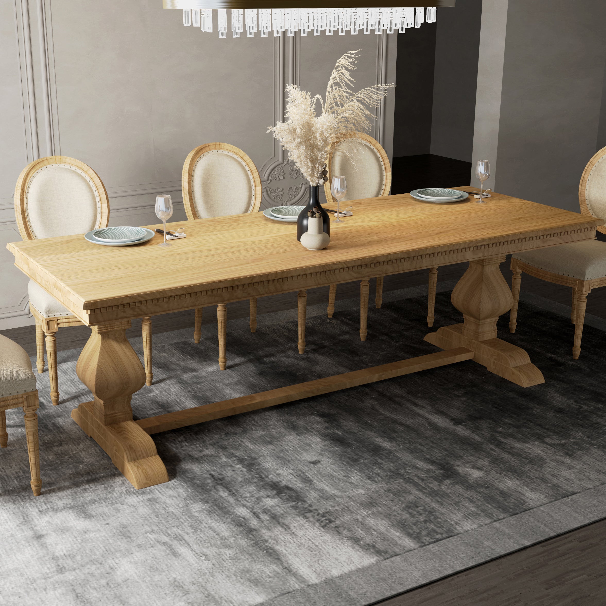 Mid-Century Modern Rectangle Table Solid Wood Dining Table with Trestle Base