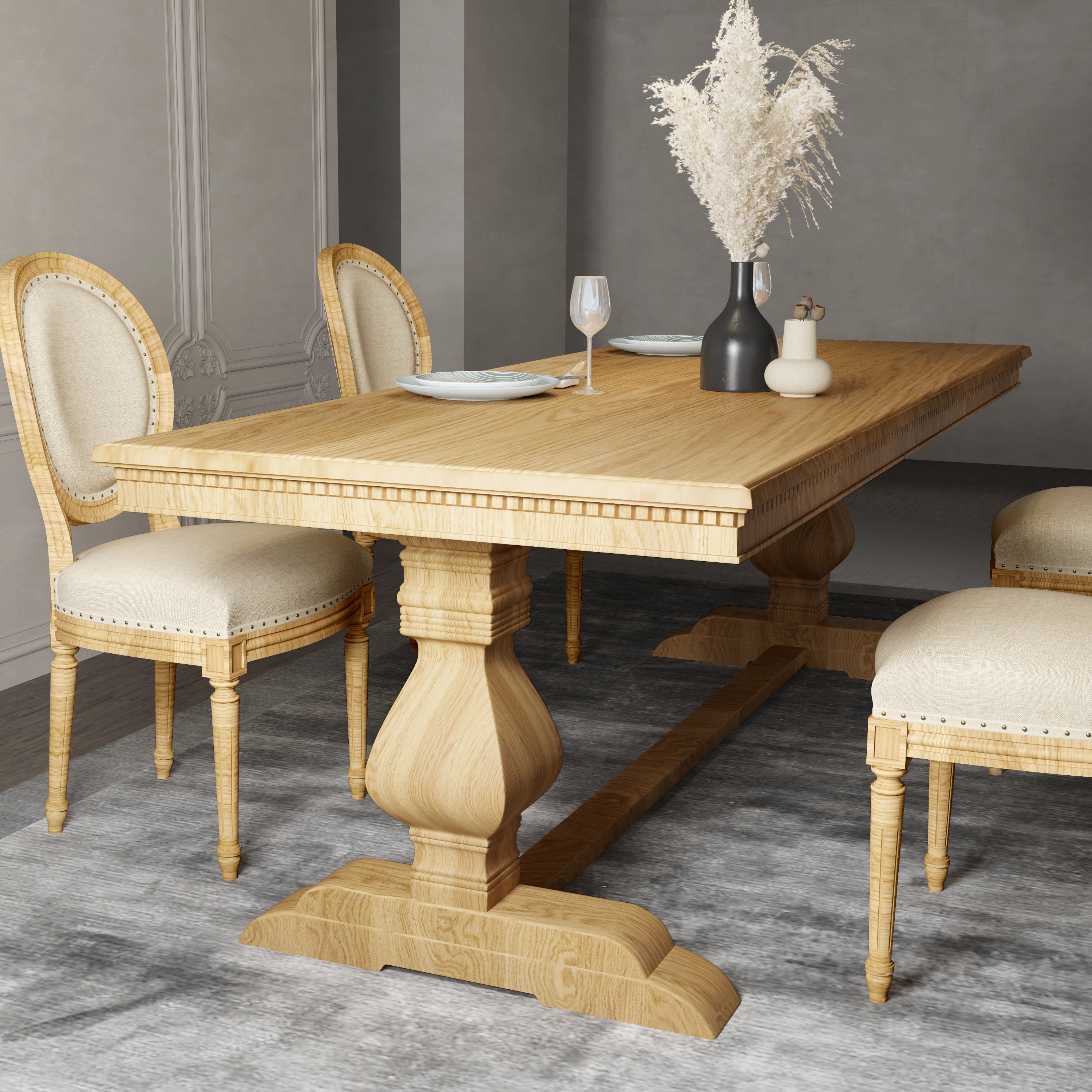 Mid-Century Modern Rectangle Table Solid Wood Dining Table with Trestle Base