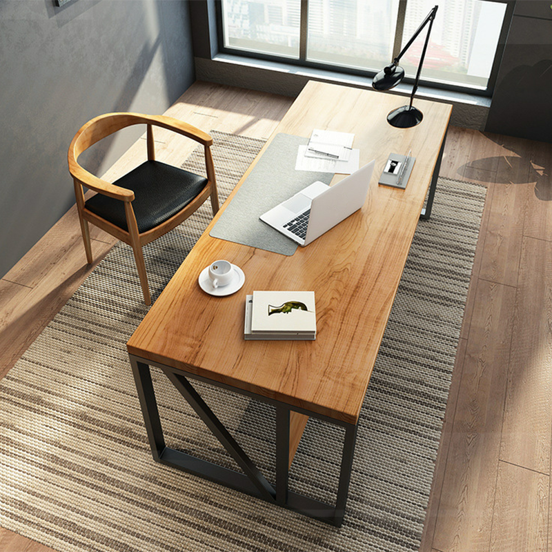 Industrial Pine Wood Dining Table Rectangle Table with Metal Trestle Base