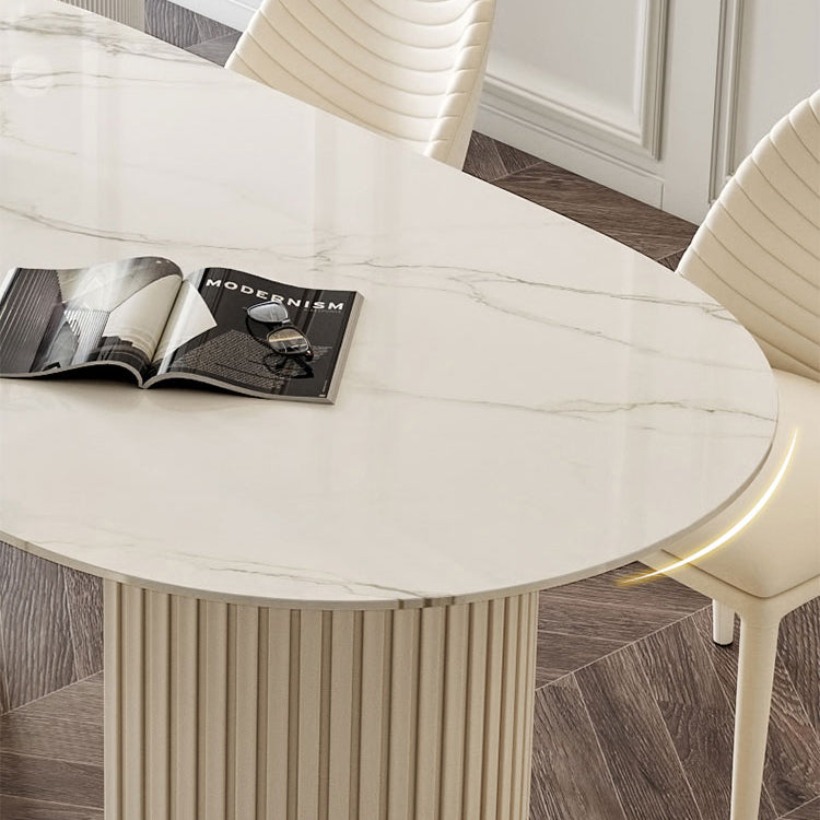 Mesa de comedor de lujo tradicional mesa de piedra sinterizada blanca ovalada con base de doble pedestal