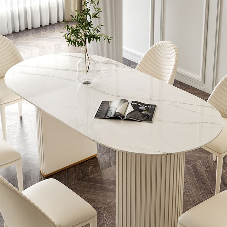 Mesa de comedor de lujo tradicional mesa de piedra sinterizada blanca ovalada con base de doble pedestal