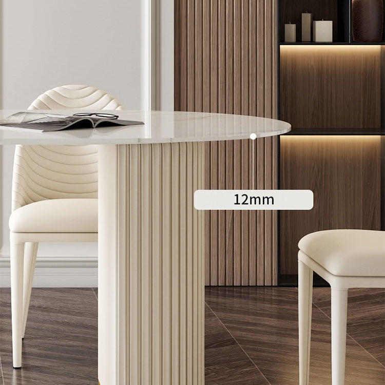 Mesa de comedor de lujo tradicional mesa de piedra sinterizada blanca ovalada con base de doble pedestal