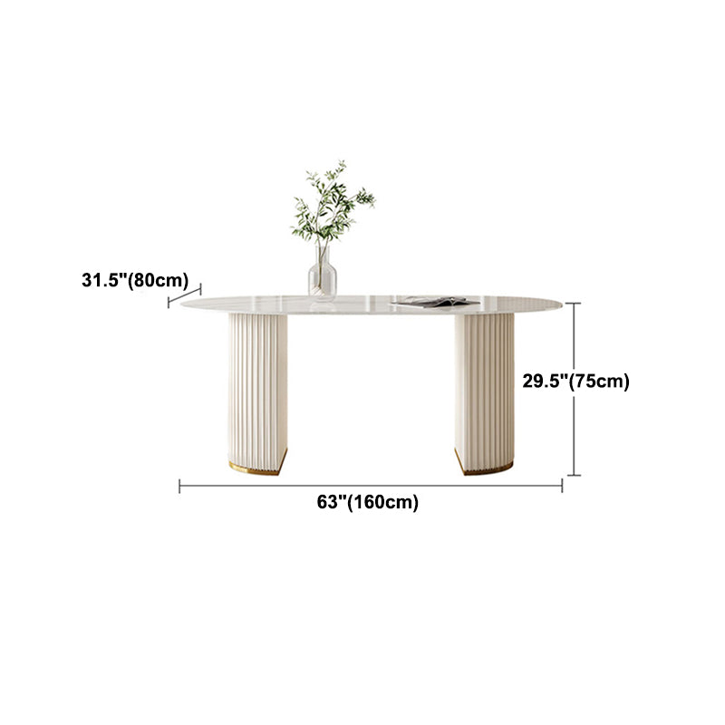 Mesa de comedor de lujo tradicional mesa de piedra sinterizada blanca ovalada con base de doble pedestal