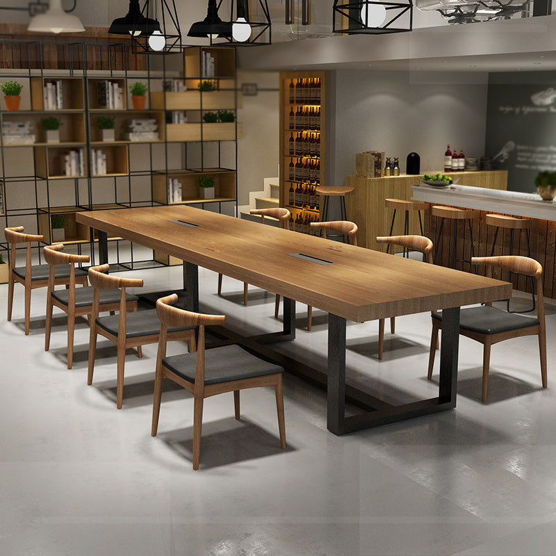 Rectangle Industrial Dining Table Solid Wood Top Dining Table with Metal Base
