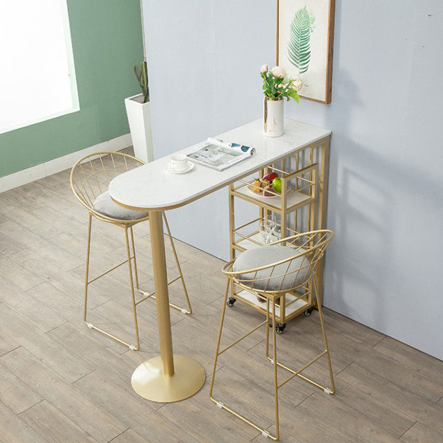 Glam White Faux Marble Pub Bar Table Indoor Iron Bar Dining Table with Double Pedestal