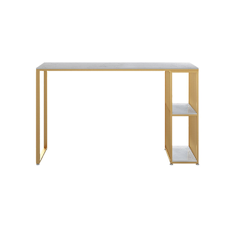 Glam Rectangle Faux Marble Pub Bar Table Iron Double Pedestal Bar Dining Table with Shelf