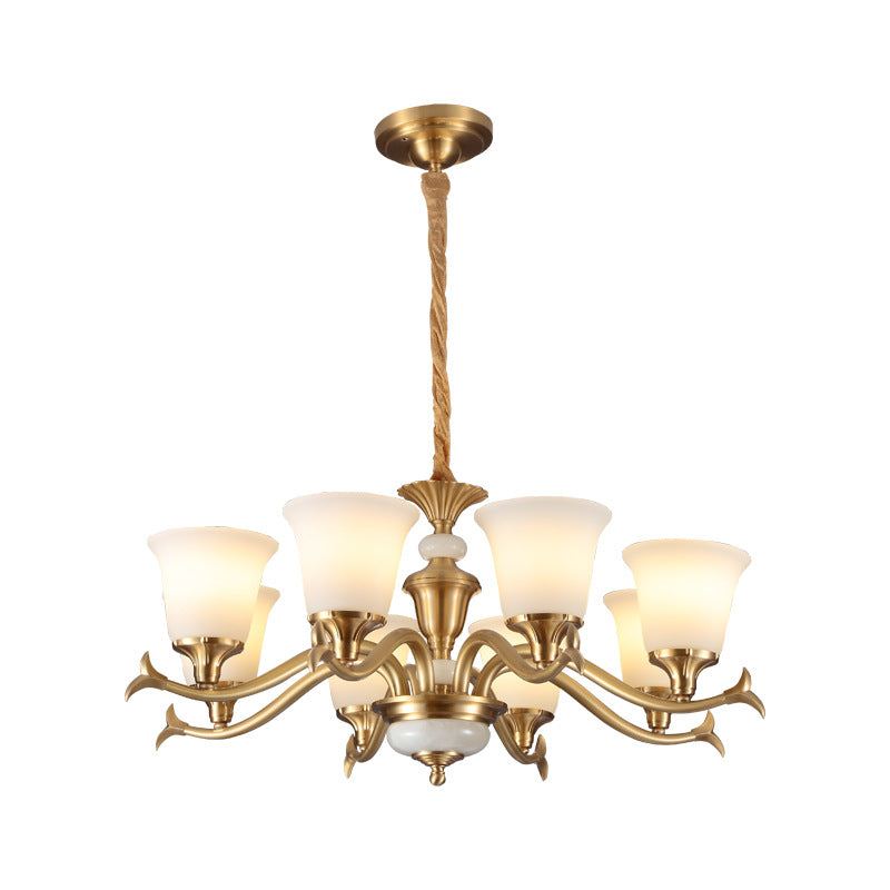 Gold Floral Shade Pendant Light Traditional White Glass Living Room Chandelier