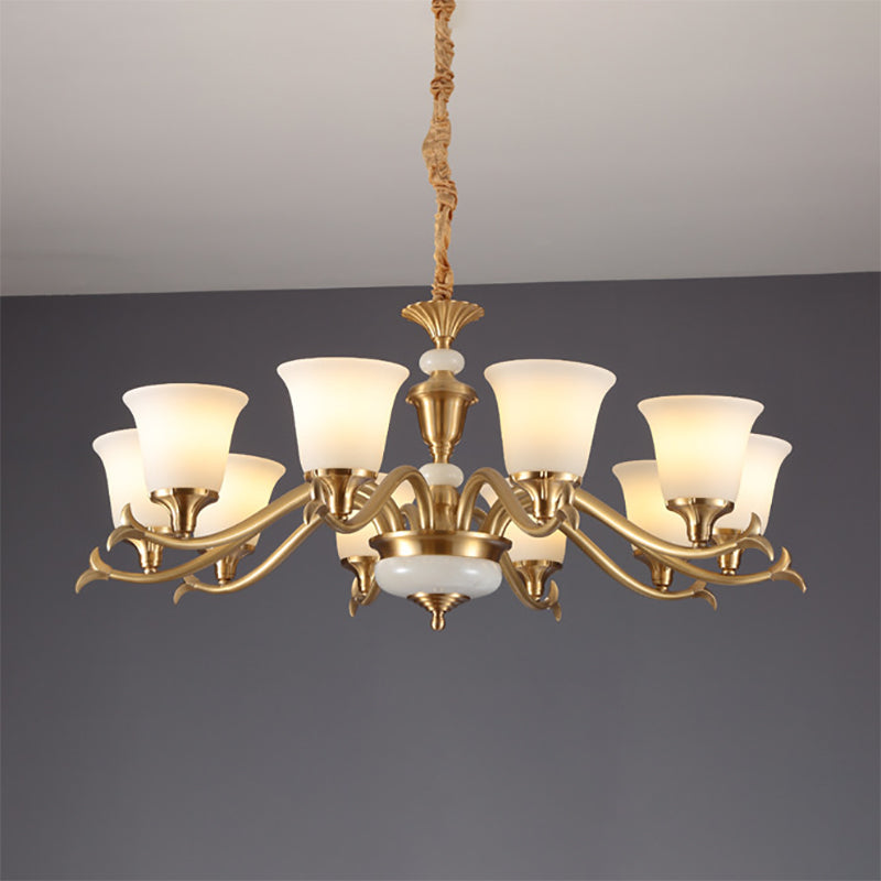 Gold Floral Shade Pendant Light Traditional White Glass Living Room Chandelier