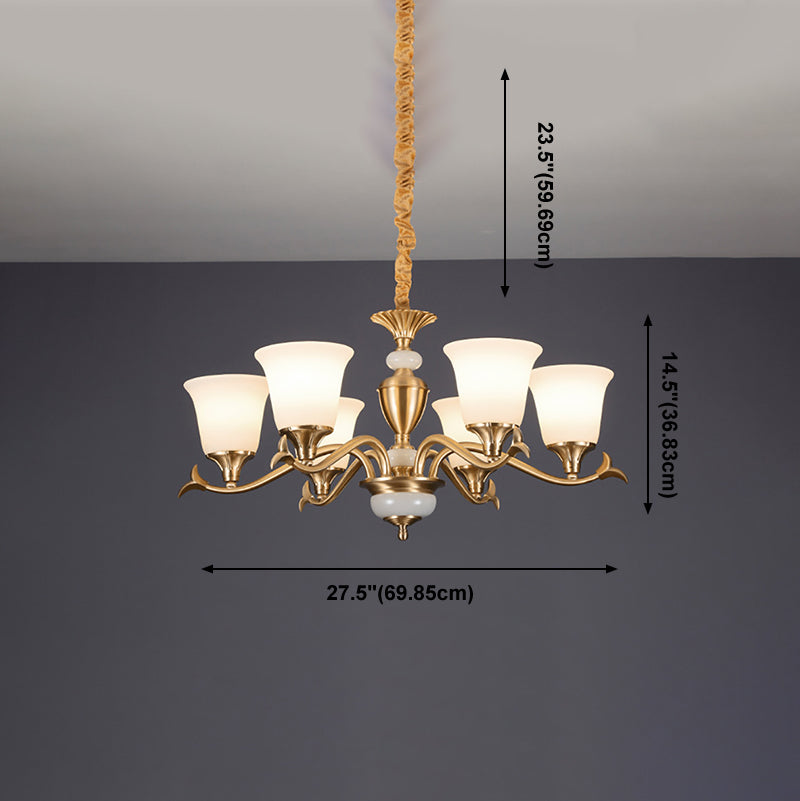 Gold Floral Shade Pendant Light Traditional White Glass Living Room Chandelier