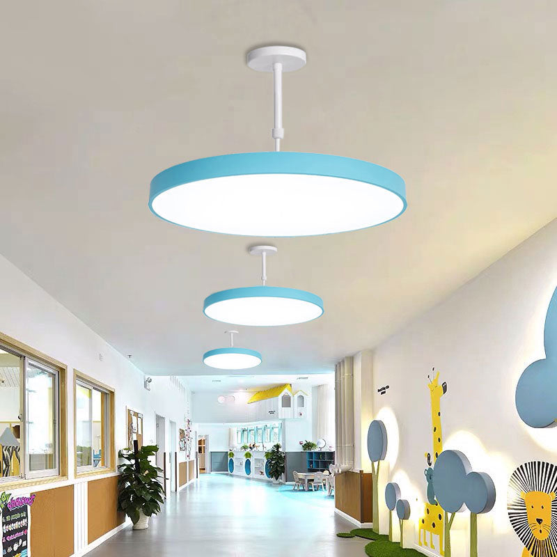 Multicolored Round LED Pendant Lighting Fixture Macaron Metal Adjustable Suspension Lamp