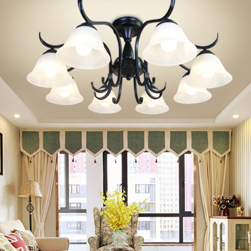 Classical Semi Flush Mount Ceiling Light White Flower Glass Shade Dining Room Ceiling Lamp