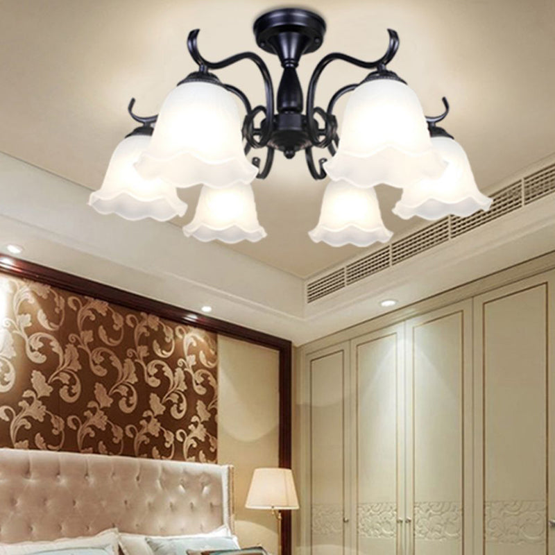 Classical Semi Flush Mount Ceiling Light White Flower Glass Shade Dining Room Ceiling Lamp