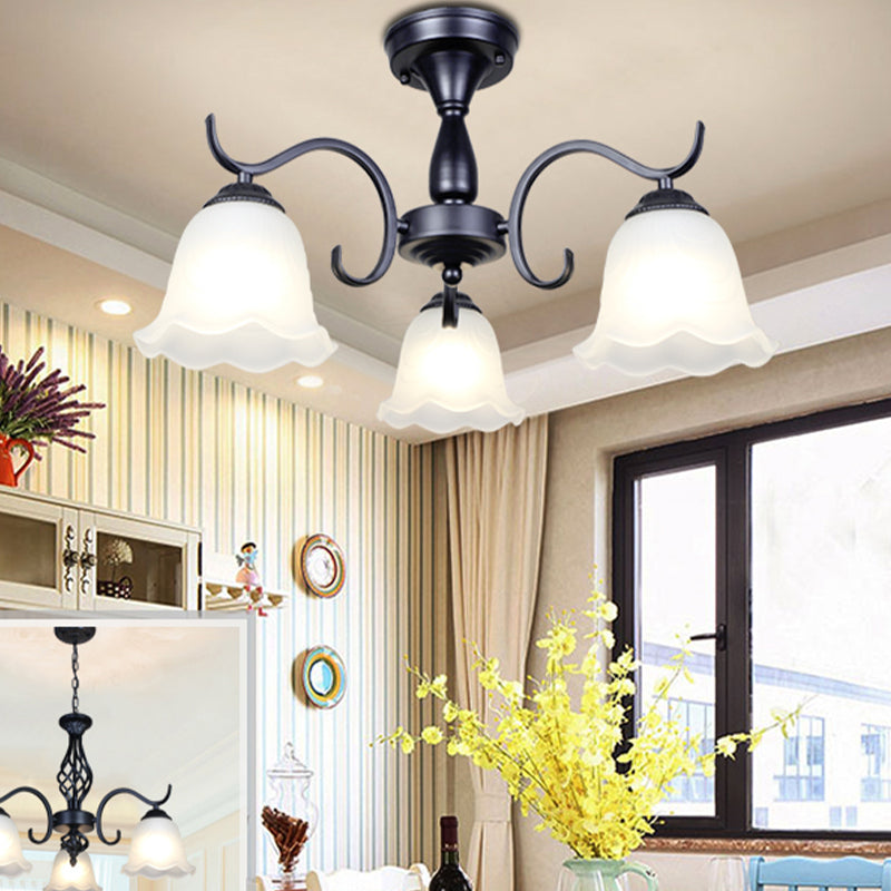 Classical Semi Flush Mount Ceiling Light White Flower Glass Shade Dining Room Ceiling Lamp