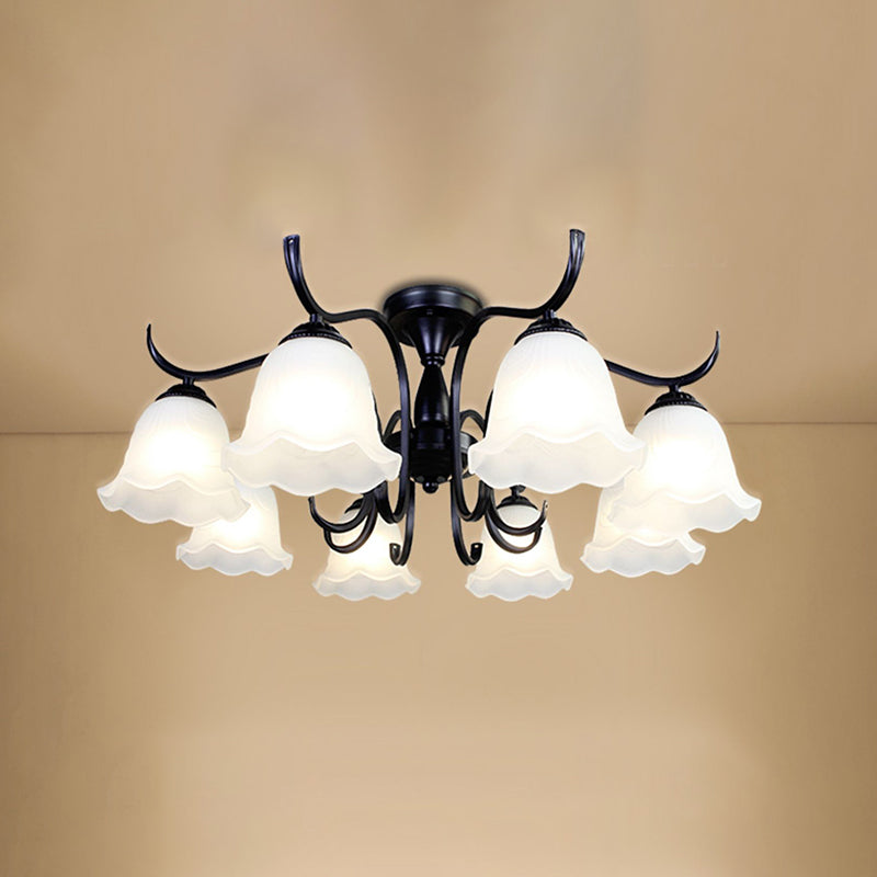 Classical Semi Flush Mount Ceiling Light White Flower Glass Shade Dining Room Ceiling Lamp