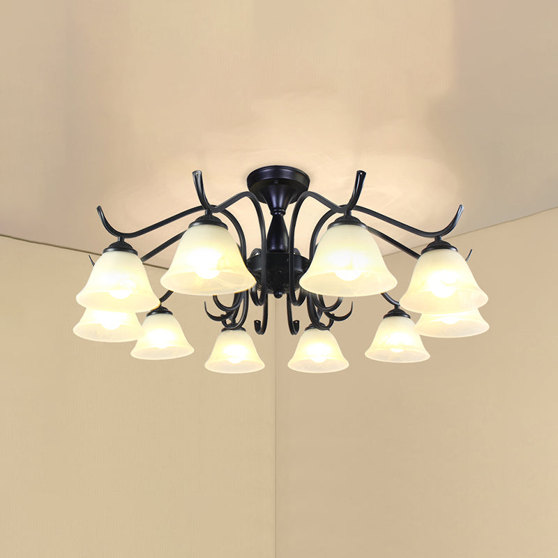 Classical Semi Flush Mount Ceiling Light White Flower Glass Shade Dining Room Ceiling Lamp