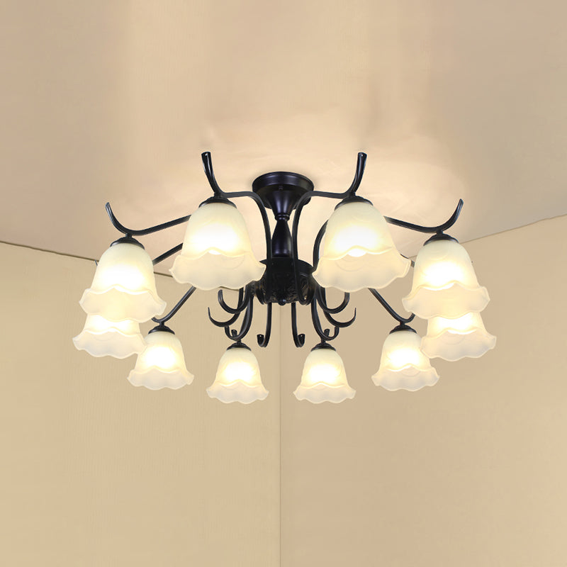 Classical Semi Flush Mount Ceiling Light White Flower Glass Shade Dining Room Ceiling Lamp