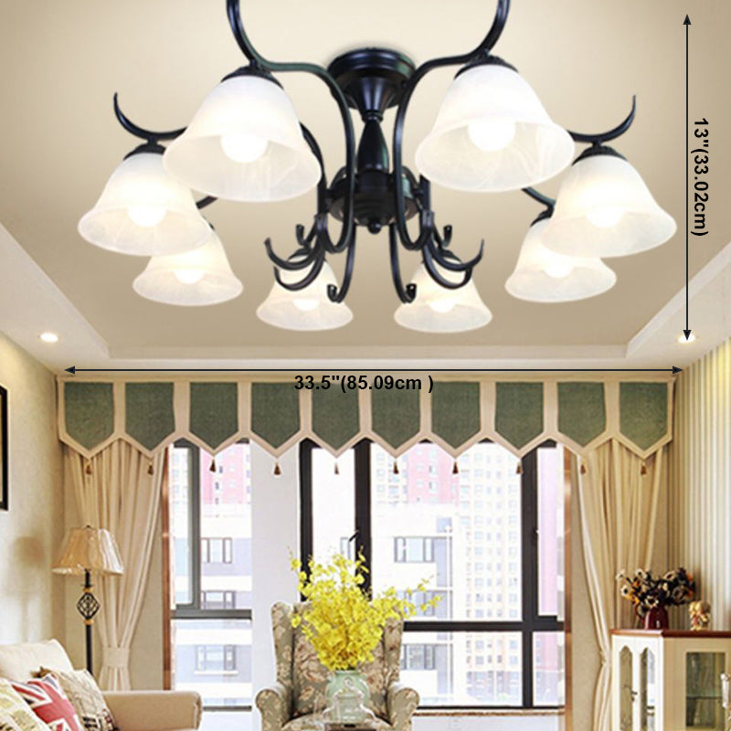 Classical Semi Flush Mount Ceiling Light White Flower Glass Shade Dining Room Ceiling Lamp