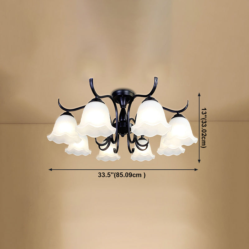 Classical Semi Flush Mount Ceiling Light White Flower Glass Shade Dining Room Ceiling Lamp