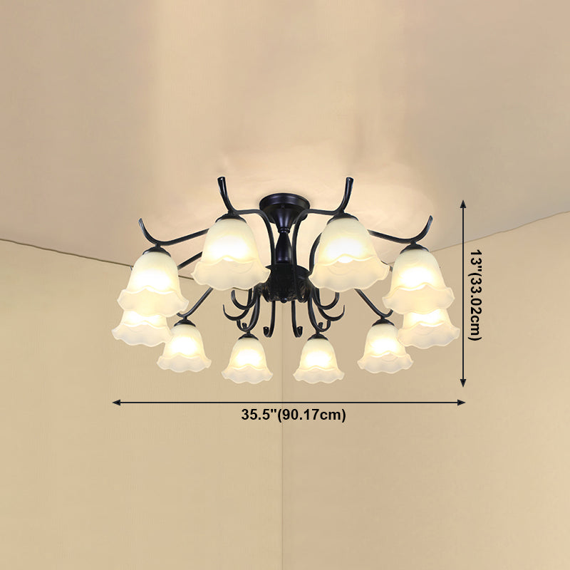 Classical Semi Flush Mount Ceiling Light White Flower Glass Shade Dining Room Ceiling Lamp