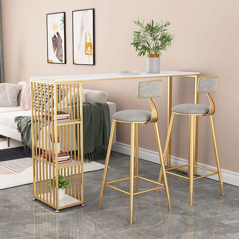 Glam Rectangle Stone Pub Bar Table Indoor Double Pedestal Bar Dining Table with 3-Shelf