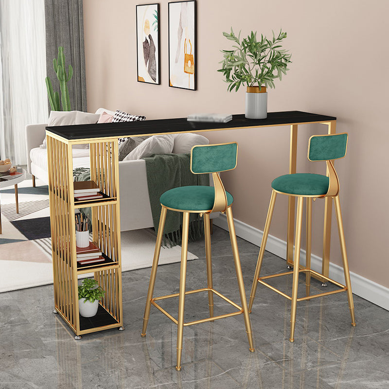 Glam Rectangle Stone Pub Bar Table Indoor Double Pedestal Bar Dining Table with 3-Shelf