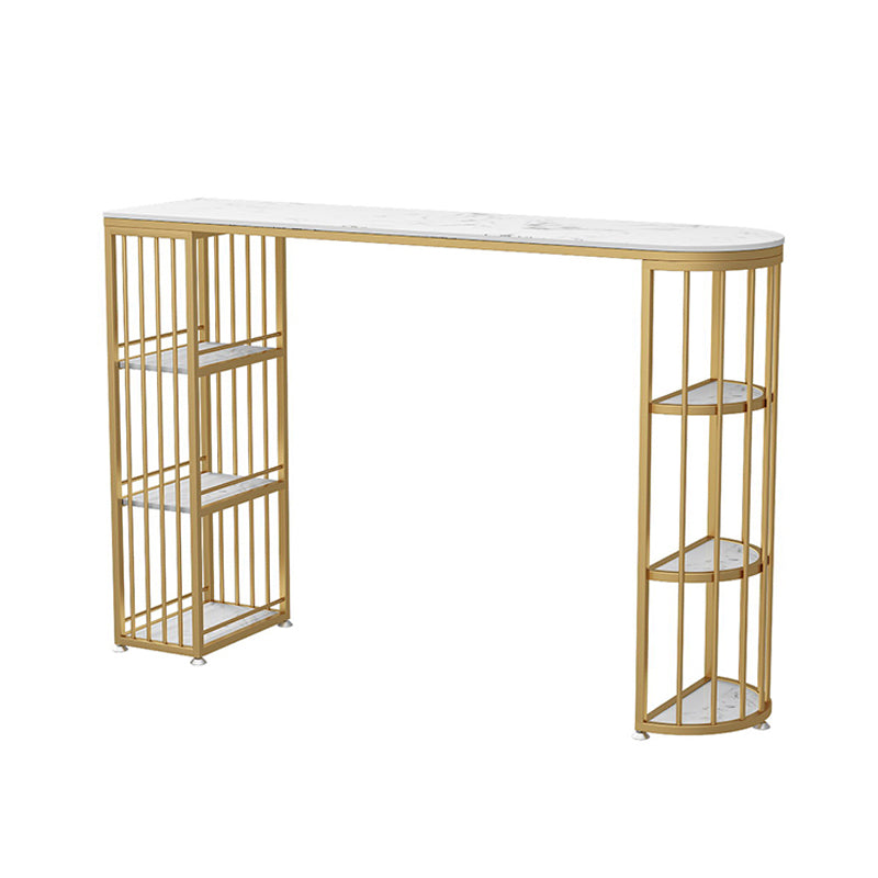 Glam Faux Marble Pub Bar Table Indoor Iron Double Pedestal Bar Dining Table with 6-Shelf