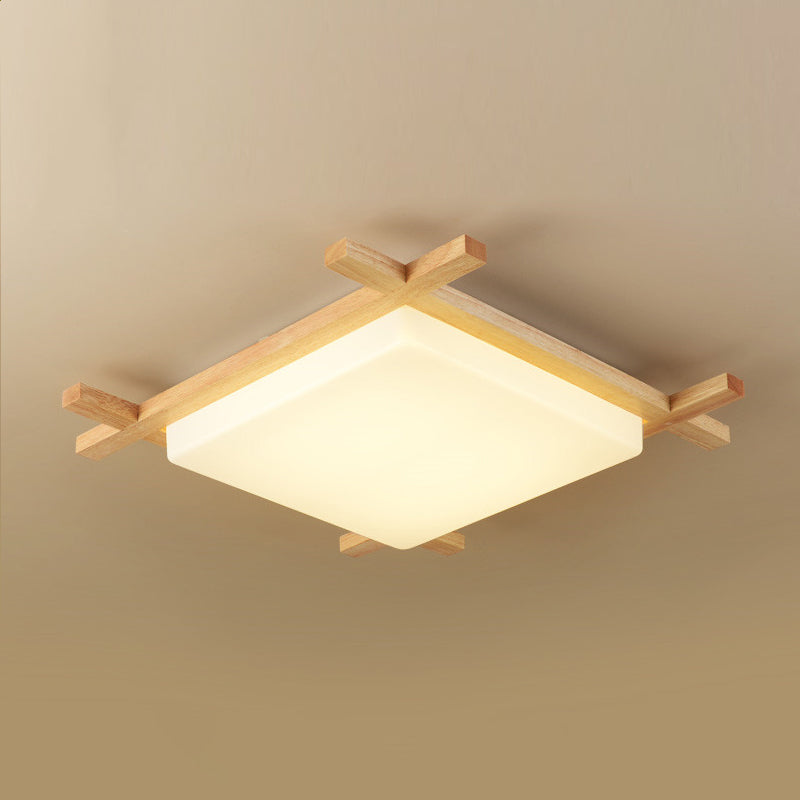 Modern Minimalist LED Ceiling Fixture Wooden Square Flush Mount with Acrylic Shade