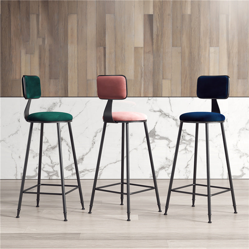 Contemporary Counter Bar Stool Backrest Velvet Bar Stool with Footrest, Iron Base
