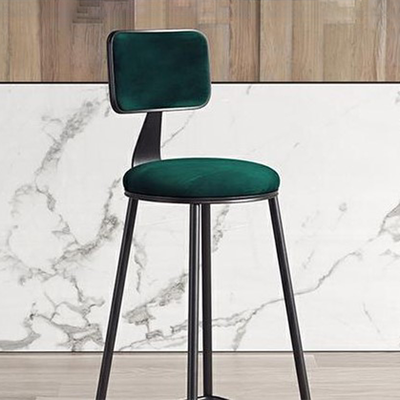 Contemporary Counter Bar Stool Backrest Velvet Bar Stool with Footrest, Iron Base