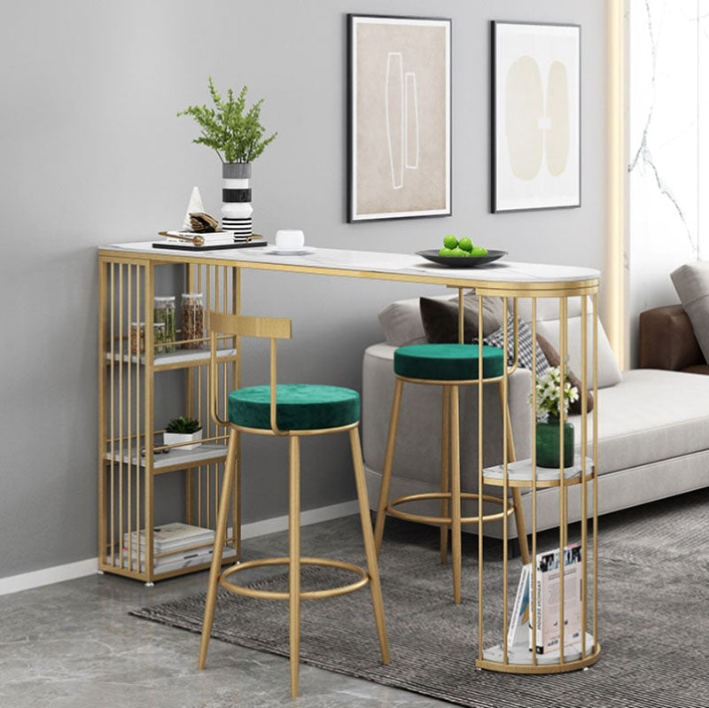 White Stone Indoor Glam Bar Dining Table Iron Double Pedestal Bistro Table with Shelve