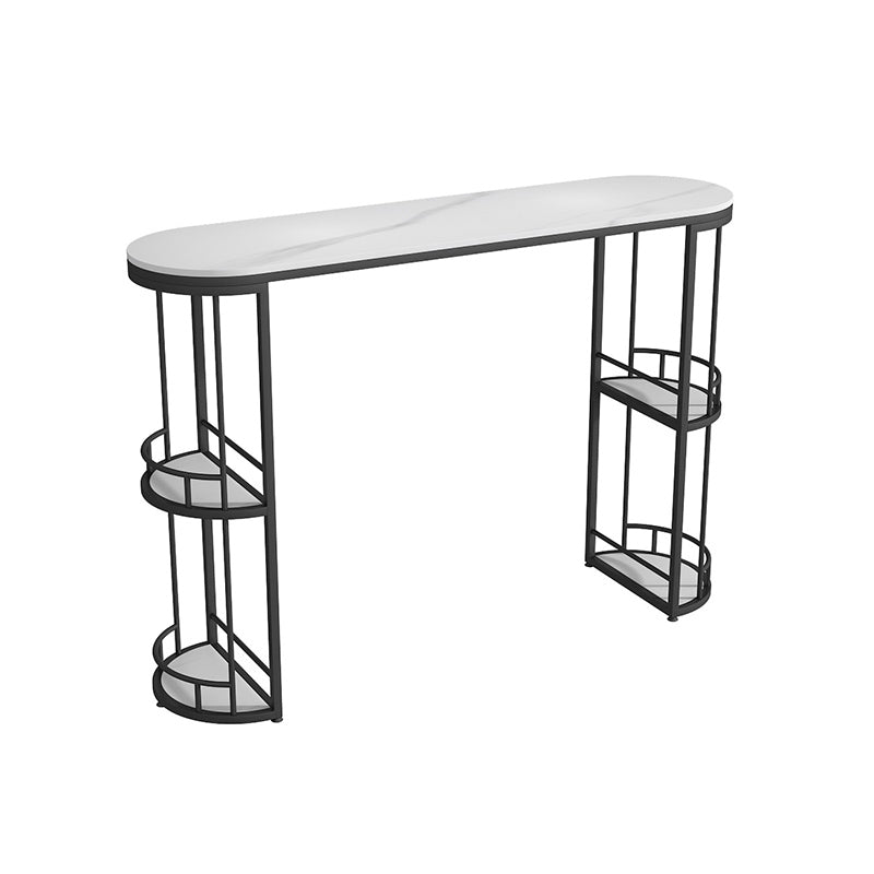 Glam White Stone Bar Dining Table Oval Indoor Bistro Table with Shelve
