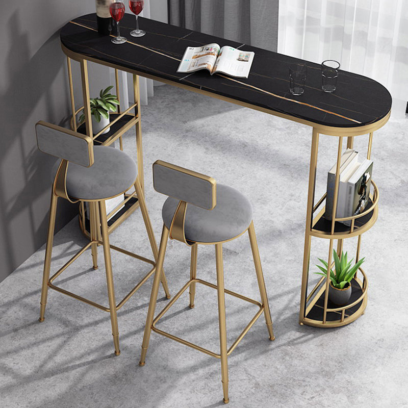 Glam White Stone Bar Dining Table Oval Indoor Bistro Table with Shelve