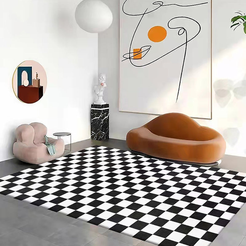 White Modern Rug Polyester Check Pattern Rug Washable Rug for Living Room