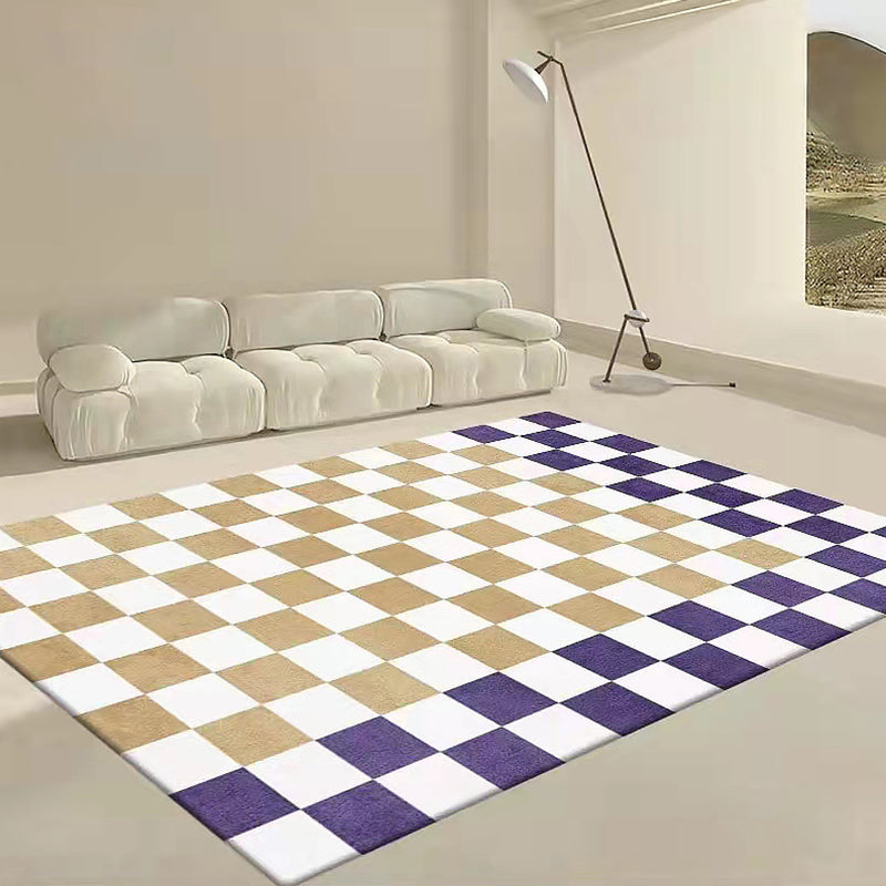White Modern Rug Polyester Check Pattern Rug Washable Rug for Living Room