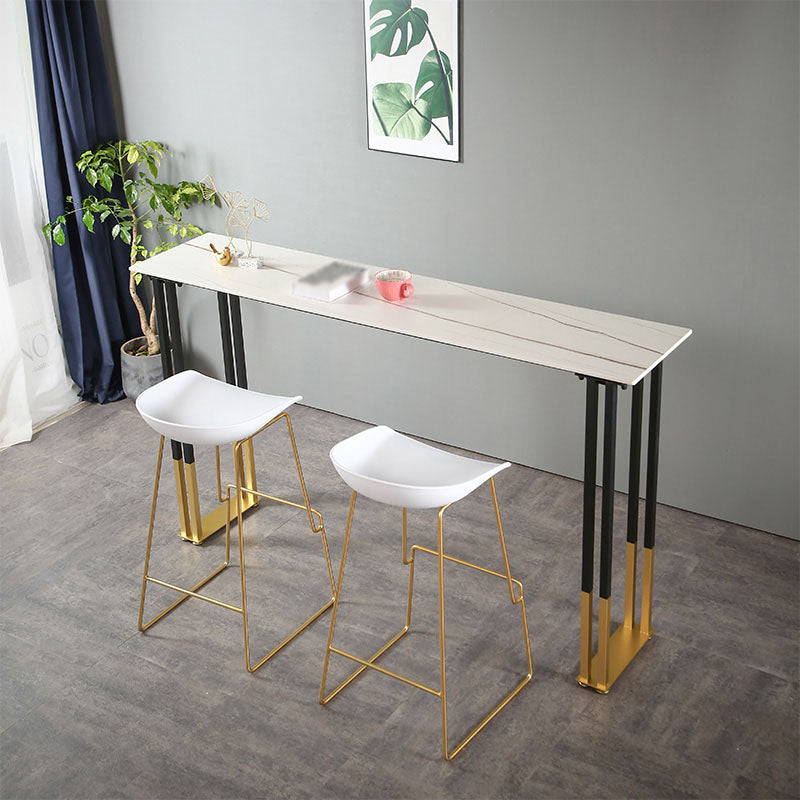 Glam Rectangle Stone Pub Bar Table Indoor Black Iron Bar Dining Table with Sled Pedestal