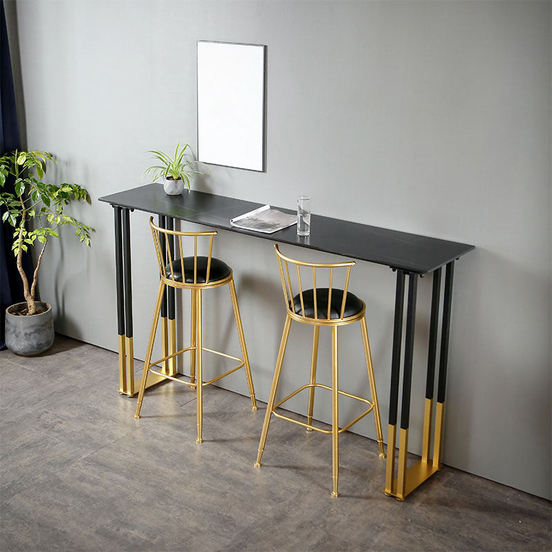 Glam Rectangle Stone Pub Bar Table Indoor Black Iron Bar Dining Table with Sled Pedestal