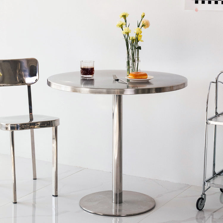 Mesa de comedor con astillas de metal Mesa de comedor de acero inoxidable con base de pedestal