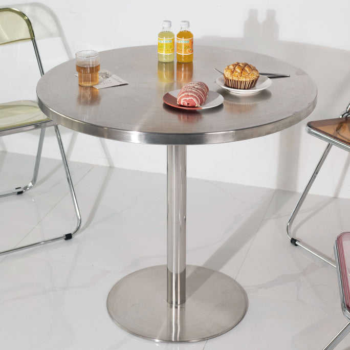 Mesa de comedor con astillas de metal Mesa de comedor de acero inoxidable con base de pedestal