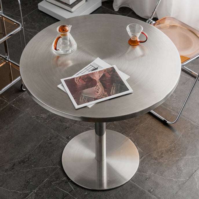 Mesa de comedor con astillas de metal Mesa de comedor de acero inoxidable con base de pedestal