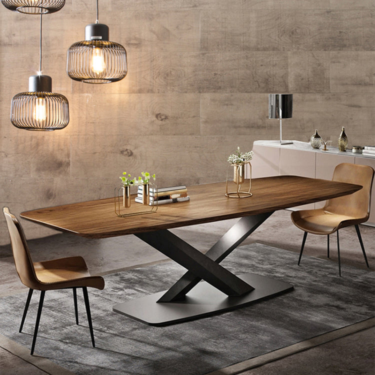 Mesa de comedor rectangular industrial de metal, mesa superior de madera maciza con base de pedestal