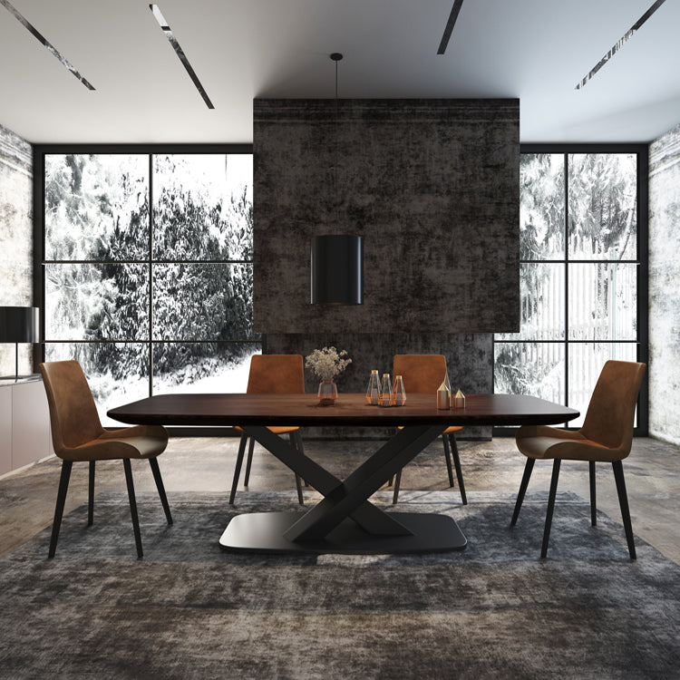 Mesa de comedor rectangular industrial de metal, mesa superior de madera maciza con base de pedestal