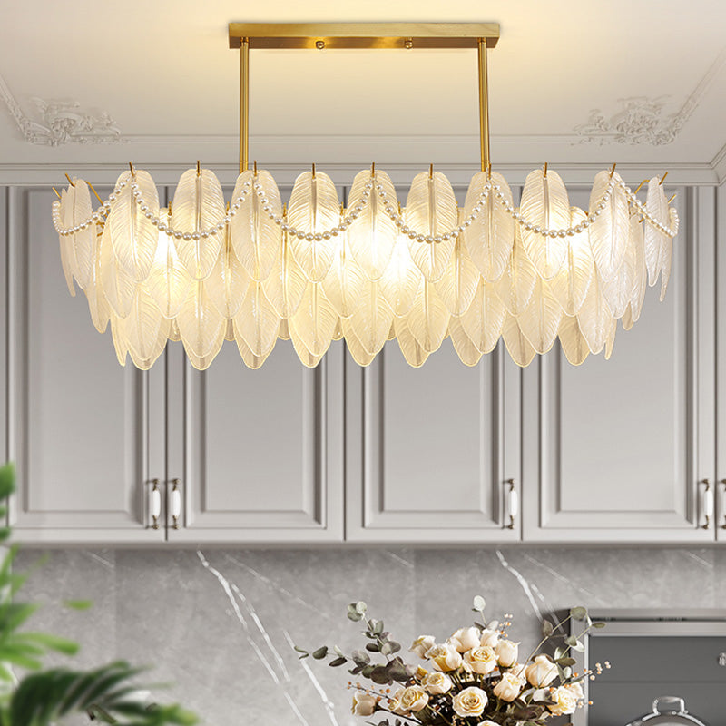 Feather-Shaped Island Light Fixtures Modernism Glass Island Pendant Lights in White Finish