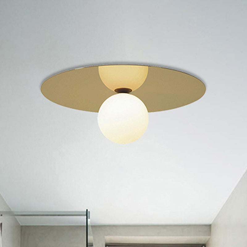 12" W Brass Finish Round Flushmount Ceiling Lamp Contemporary 1 Bulb Ceiling Flush Mount Light with Milk Glass Shade
