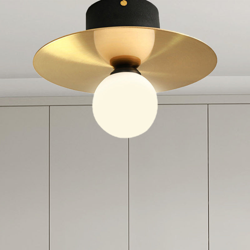 Milk Glass Globe Light Fixture Ceiling with Golden Disk Contemporary 1 Bulb Ceiling Light for Living Room