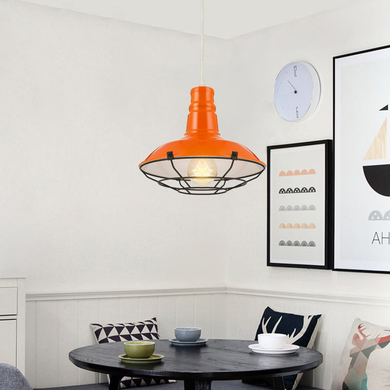 Tazón naranja/azul/verde luz colgante con protector de alambre metal industrial 1 Luz de comedor de comedor de luz, 10 "/14"/18 "Dia