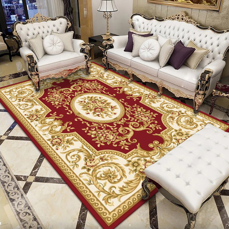 Red Medallion Rug Polyester Luxury Area Rug Non-Slip Backing Rug for Home Decor