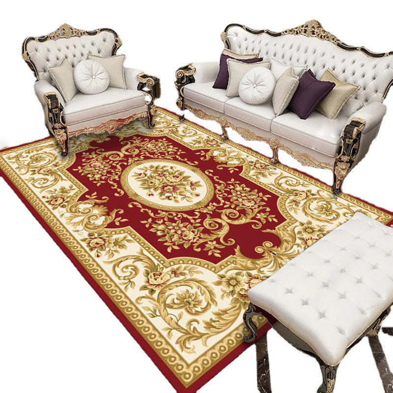 Red Medallion Rug Polyester Luxury Area Rug Non-Slip Backing Rug for Home Decor