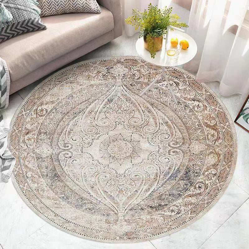 Retro Ethnic Style Round Rug Polyester Rug Stain Resistant Rug for Living Room Bedroom